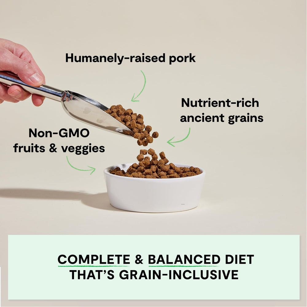 Open Farm Farmer's Table Pork Recipe dog food bag presents grain-inclusive nutrition for balanced meals.