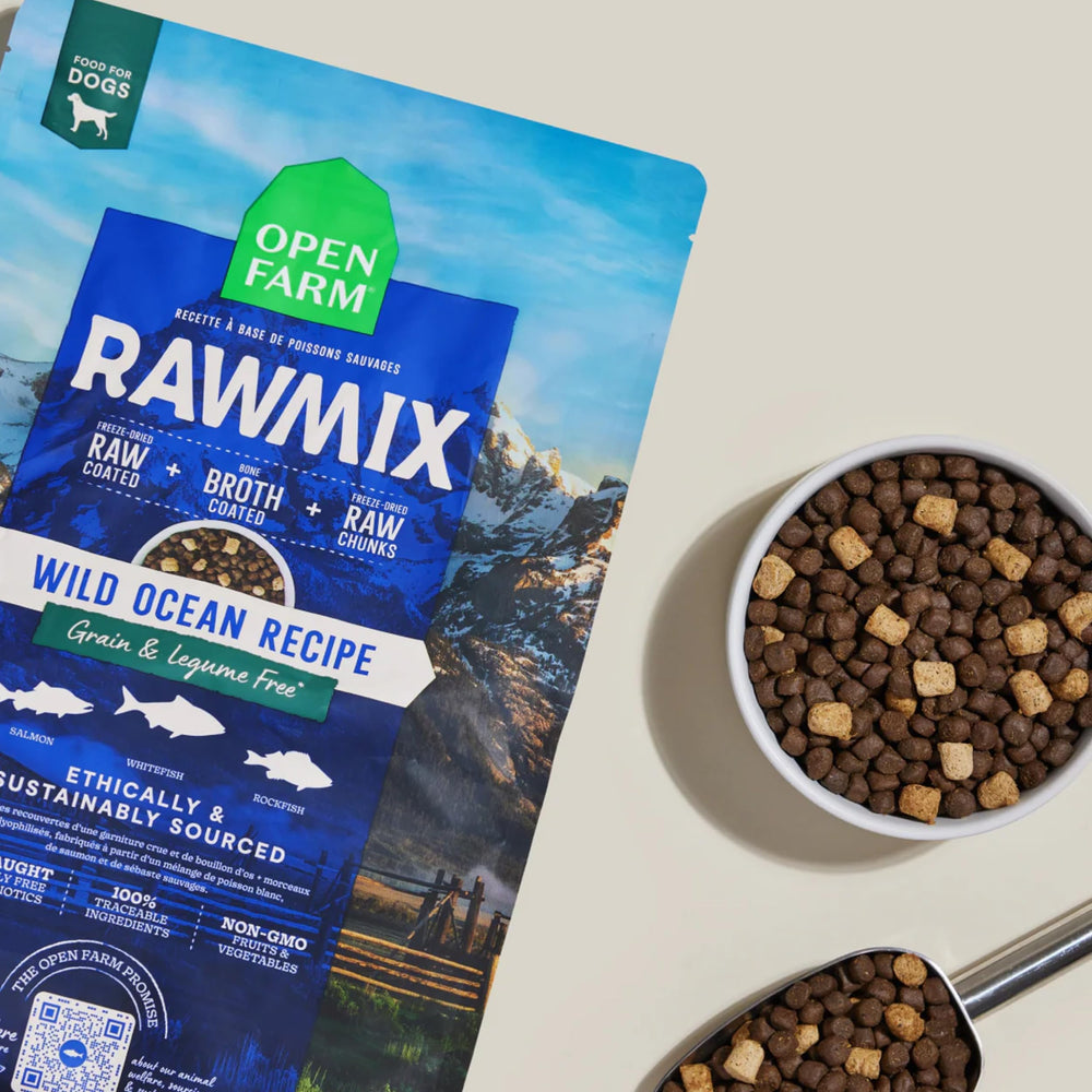 Open Farm freeze-dried raw chunks adding flavor and chewy texture to meals.