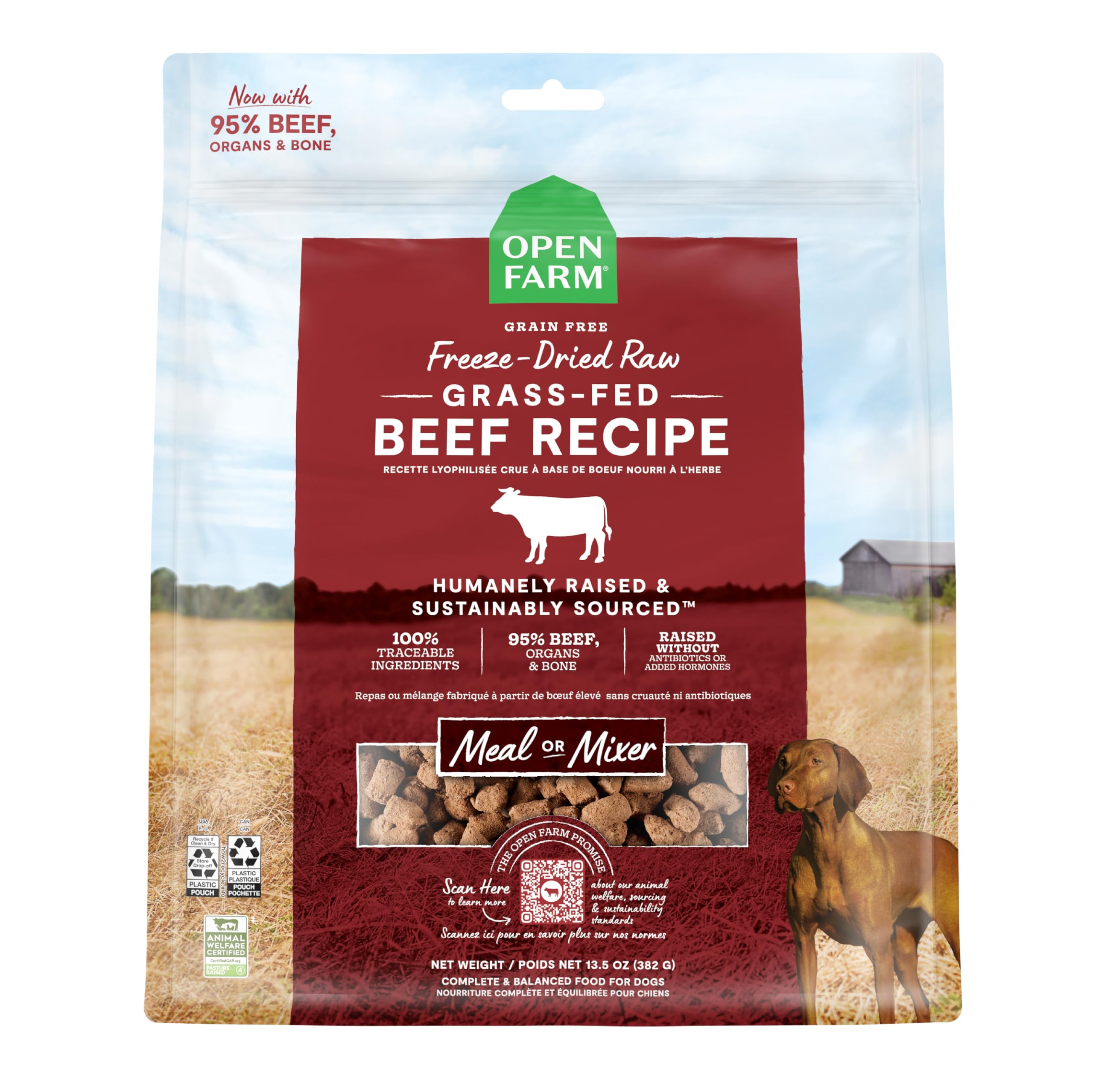 Open Farm freeze-dried beef morsels in bag showing compact nutrition for busy owners