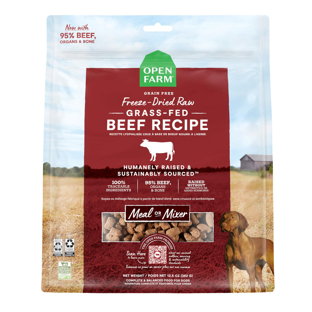 Open Farm freeze-dried beef morsels in bag showing compact nutrition for busy owners