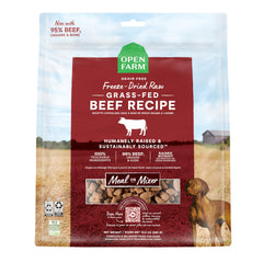Open Farm freeze-dried beef morsels in bag showing compact nutrition for busy owners