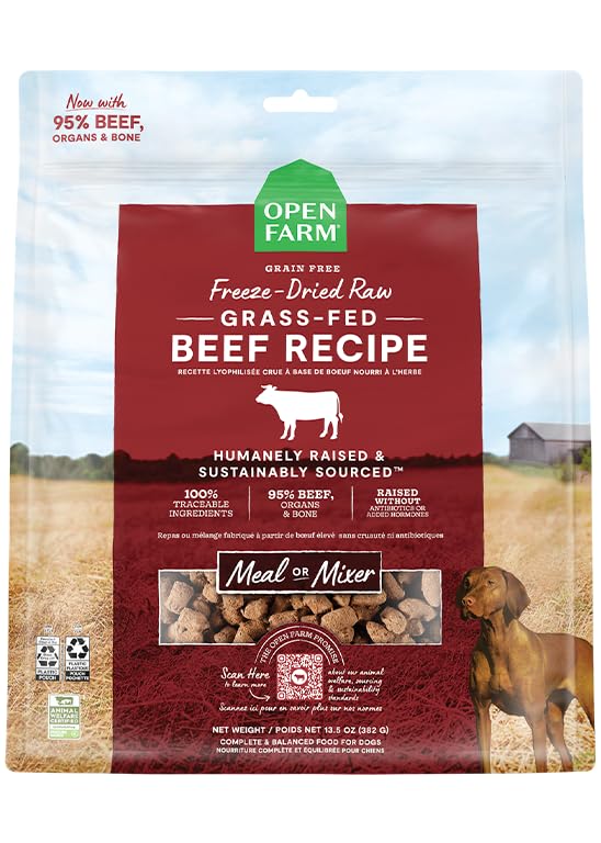 Open Farm freeze-dried raw dog food morsels in bag, high-protein option.