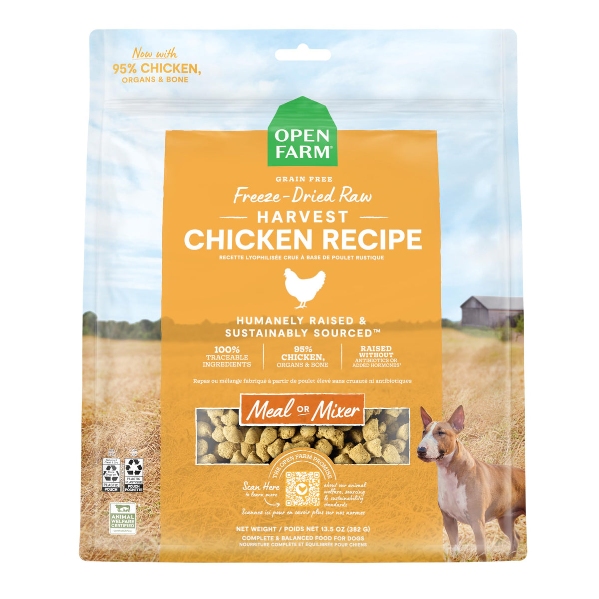 Open Farm freeze-dried chicken morsels in bag for ready-to-serve meals.