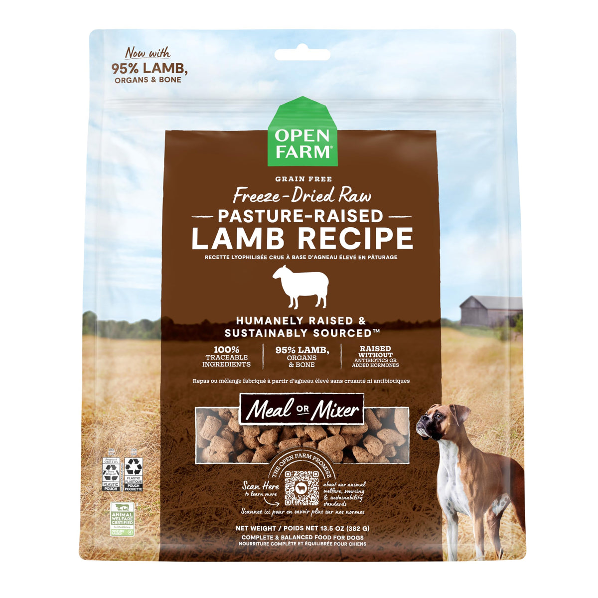 Open Farm lamb recipe morsels in 13.5oz bag; high-protein freeze-dried raw dog food.