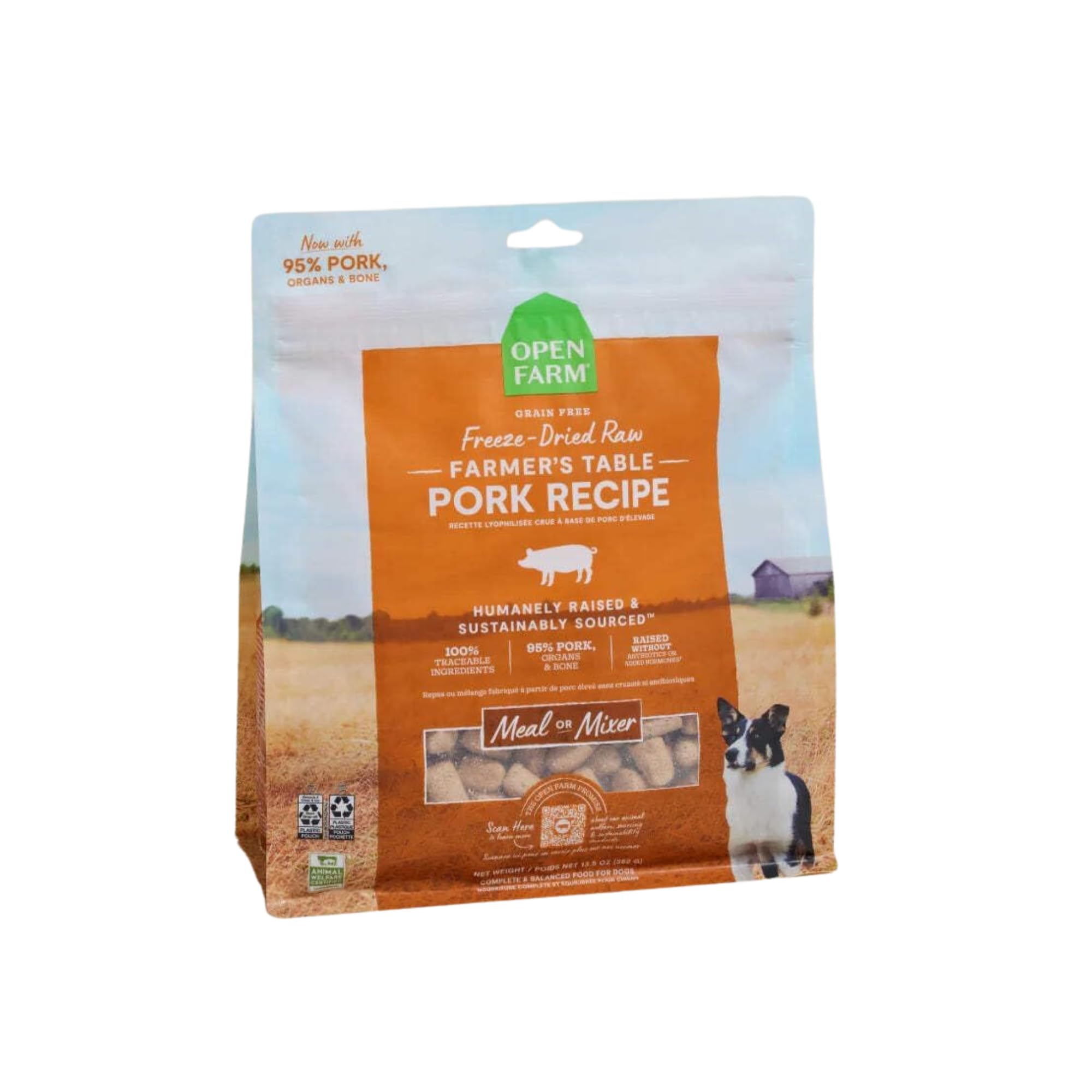 Open Farm pork recipe freeze-dried morsels in 13.5oz bag for complete meals.