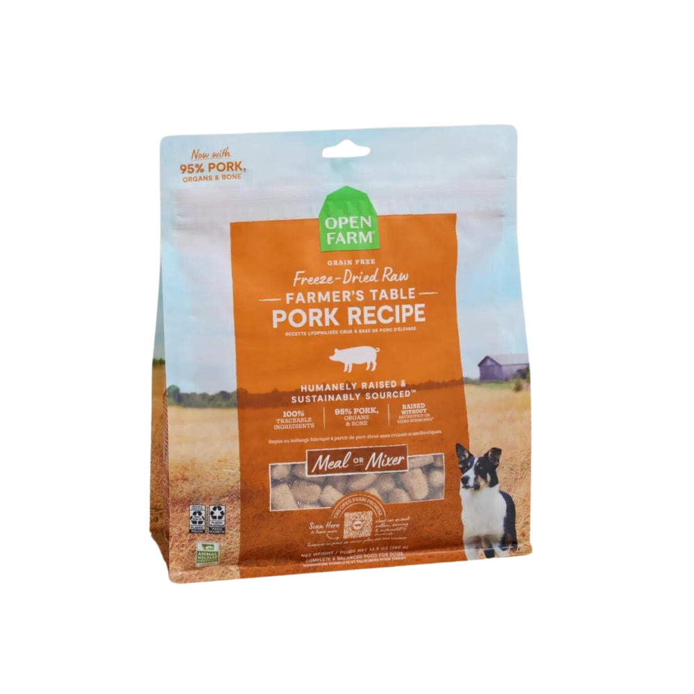 Open Farm pork recipe freeze-dried morsels in 13.5oz bag for complete meals.