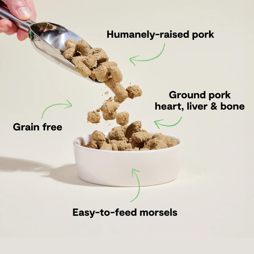Open Farm pork morsels close-up texture highlighting bite-sized crunch.