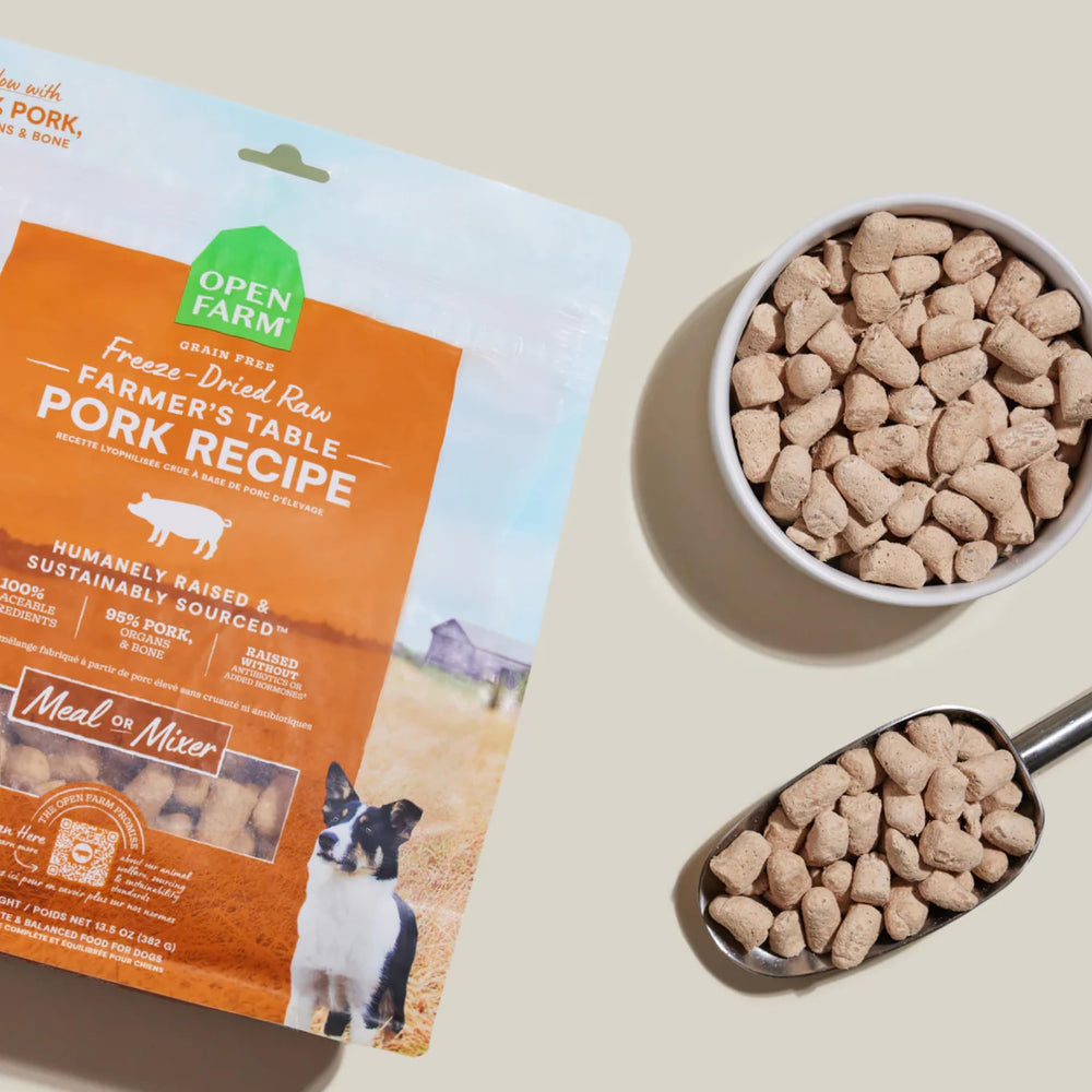 Open Farm pork morsels with organic veggies highlight organic produce.