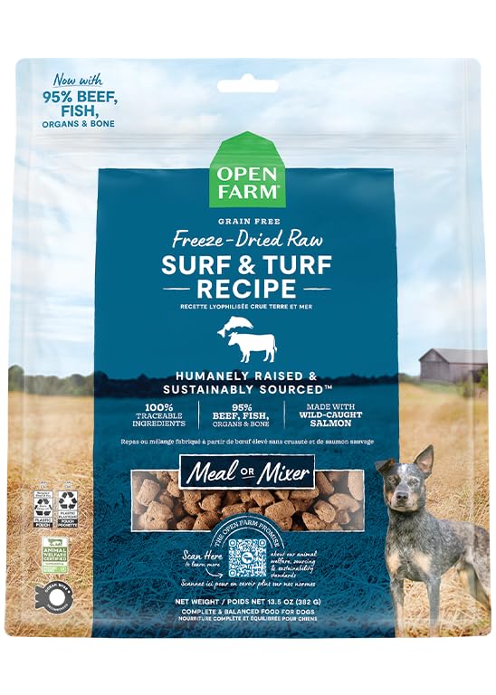Open Farm Surf & Turf morsels packshot with high-protein bites for all breeds.