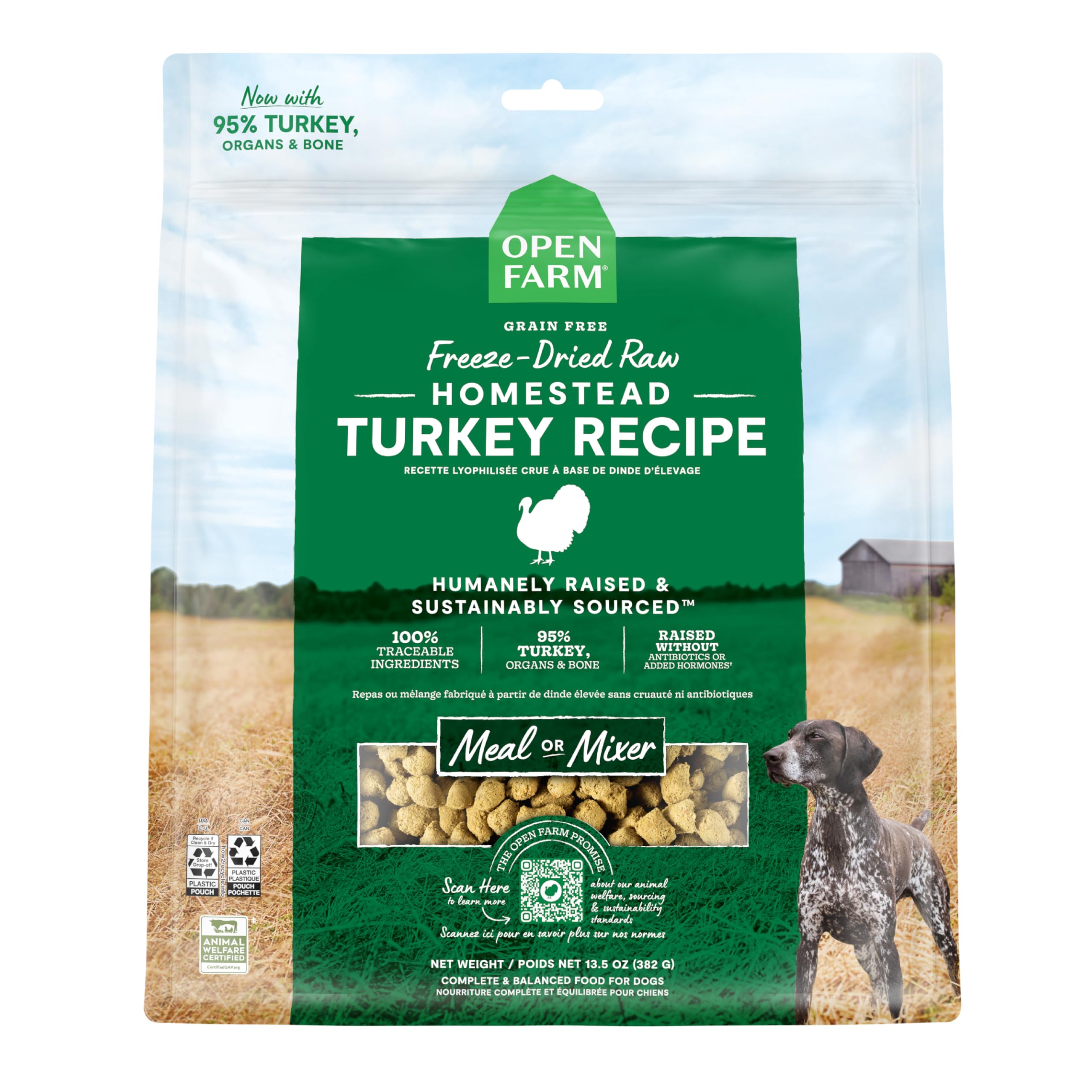 Open Farm turkey morsels bag-front view, convenient complete meal option for busy dog owners.
