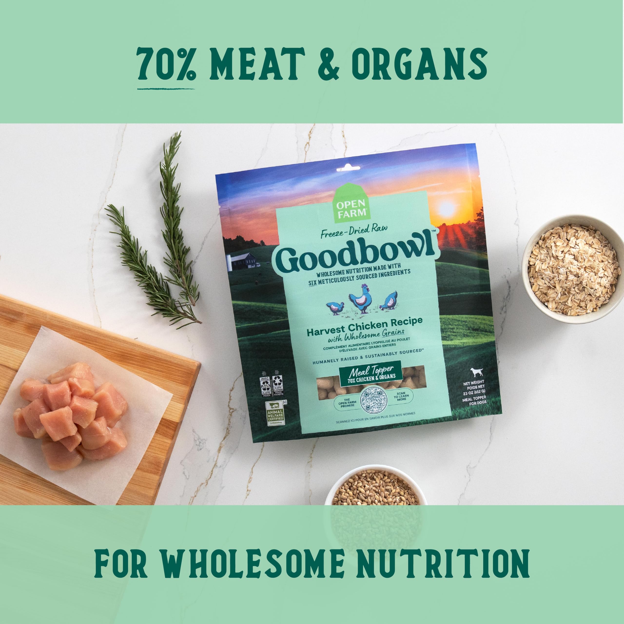 Open Farm Goodbowl 70% protein bites offer tasty, protein-rich meal toppers.