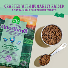 Close-up of Open Farm Goodbowl kibble highlighting simple, wholesome ingredients.