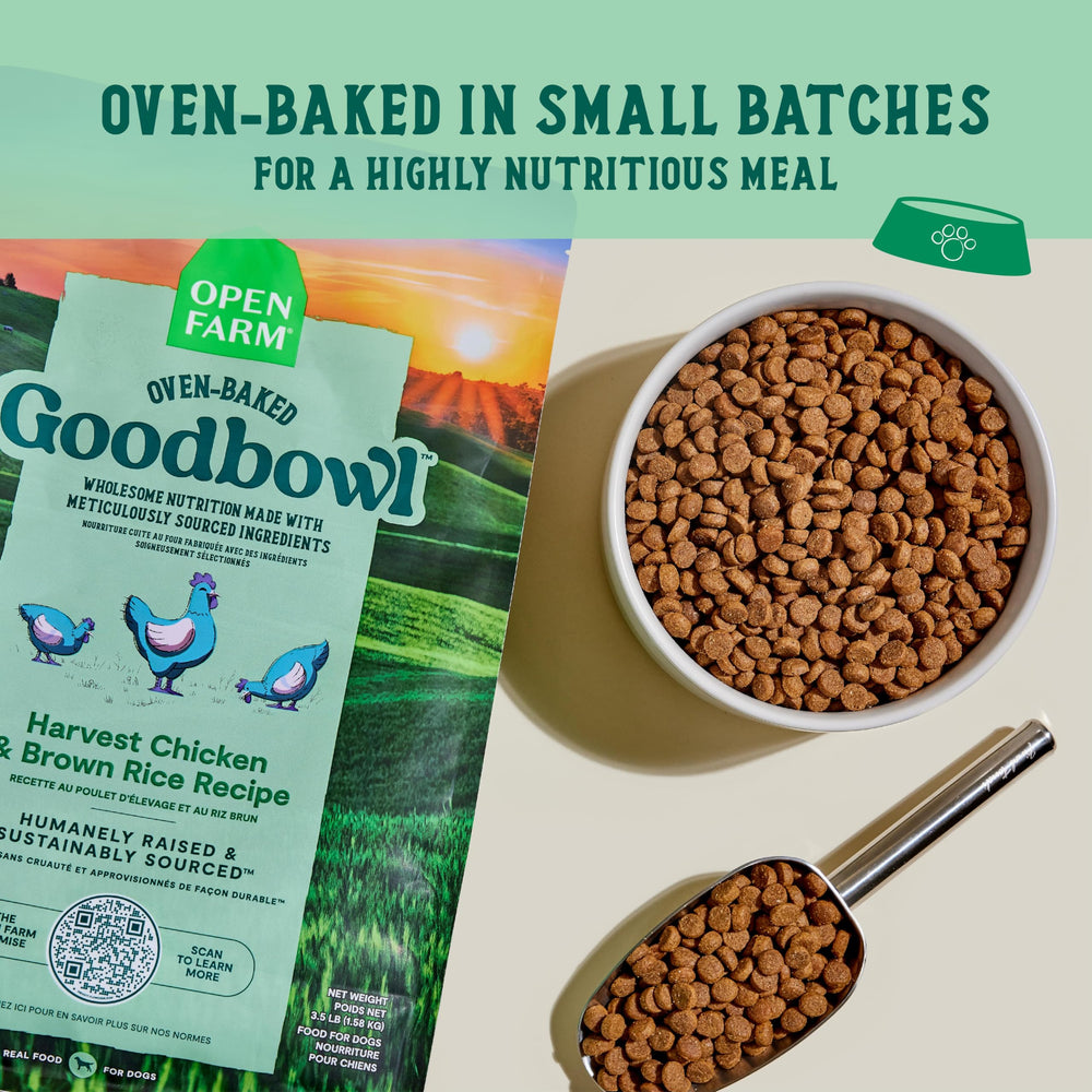 Open Farm Goodbowl kibble close-up shows crunchy texture dogs crave