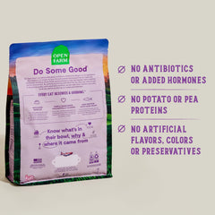 Open Farm Goodbowl kibble close-up reveals crunchy, protein-packed pieces.