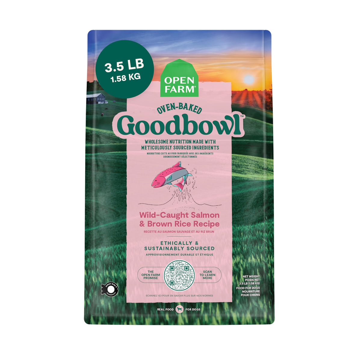 Open Farm Goodbowl salmon-brown-rice kibble for dogs, supporting balanced nutrition.