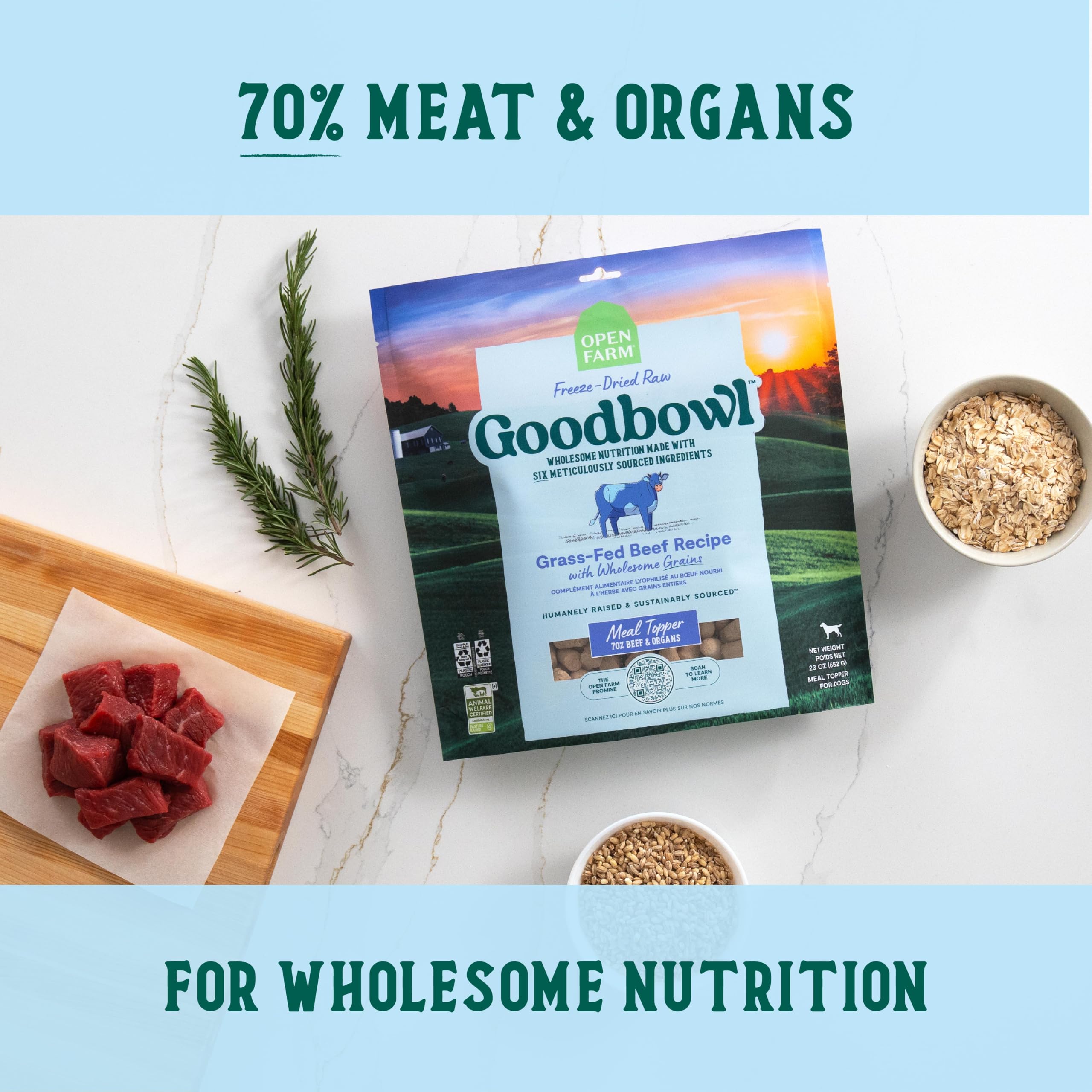 Open Farm Goodbowl topper served over kibble to entice picky eaters.