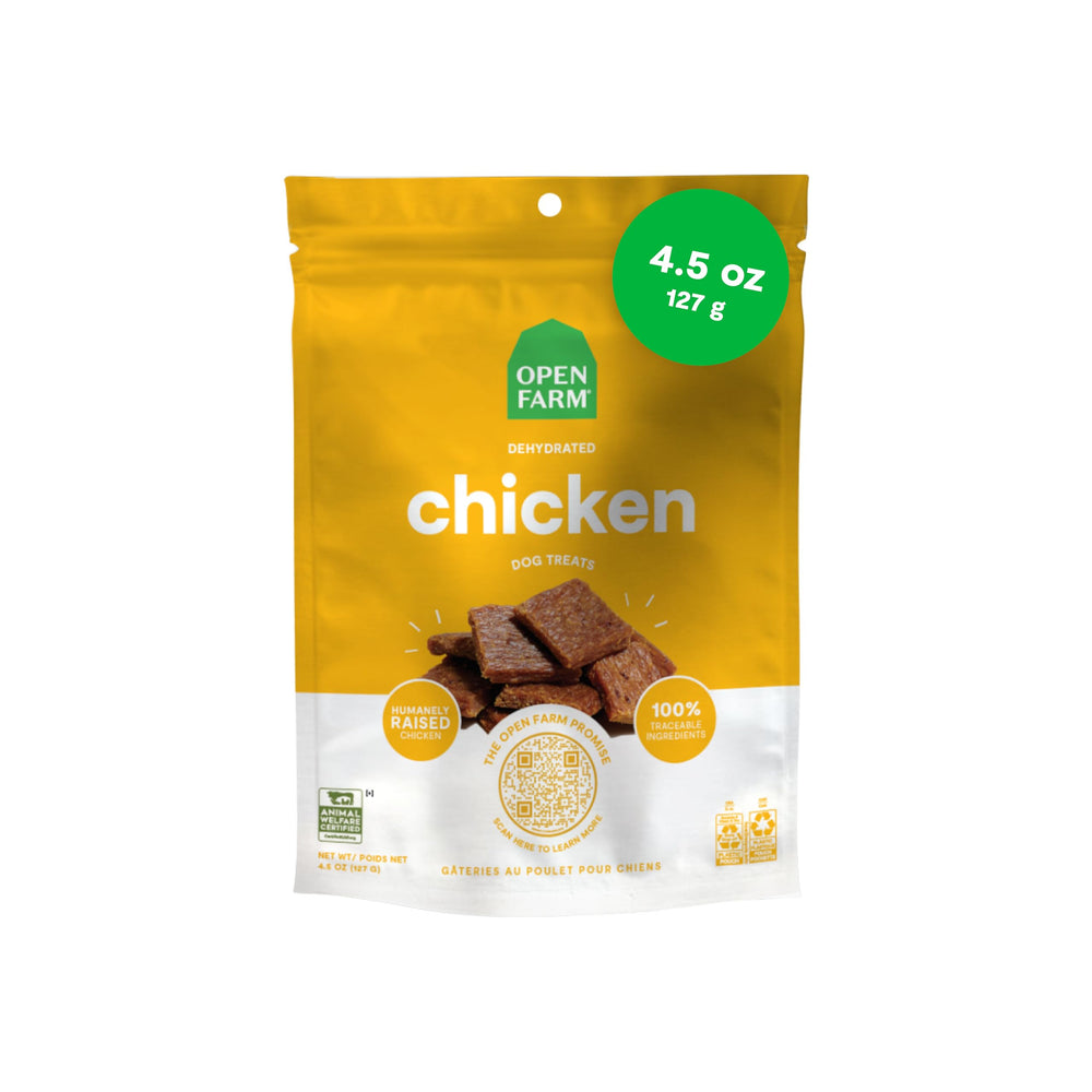 Open Farm grain-free dehydrated chicken dog treats in a resealable 4.5 oz pouch for easy rewards.