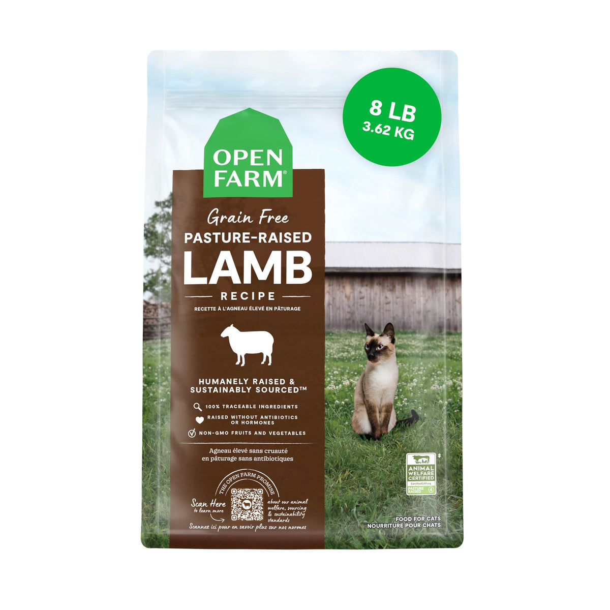 Open Farm grain-free dry cat food bag packshot highlighting high-protein nutrition for lean muscles