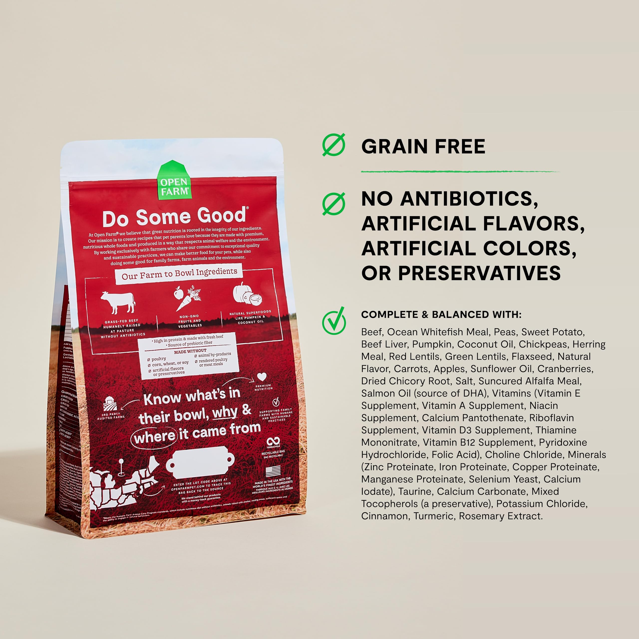Open Farm grain-free dry dog food ingredients close-up for balanced nutrition