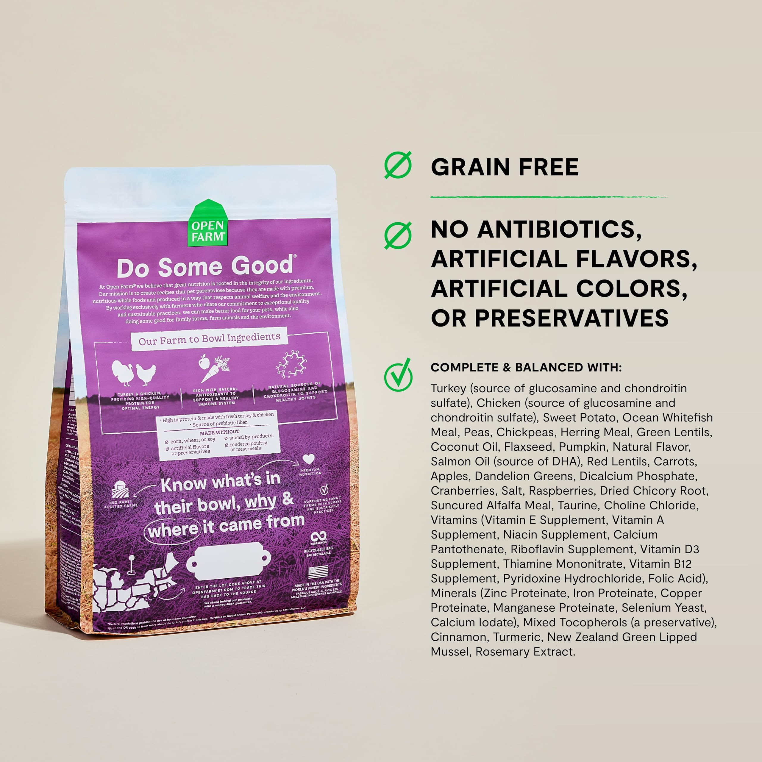 Open Farm grain-free senior dog food ingredients with pumpkin and sweet potato for balanced nutrition