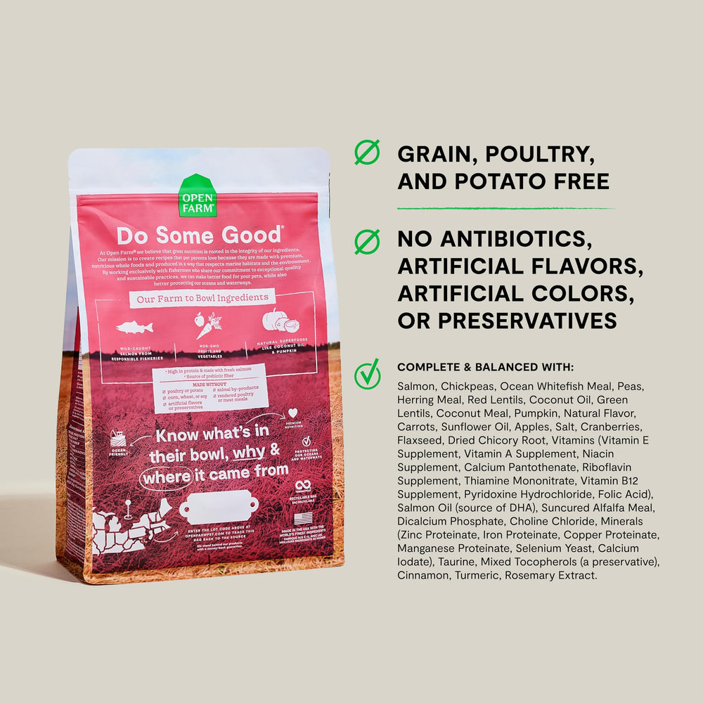 Open Farm grain-free kibble close-up emphasizing protein-packed formula.