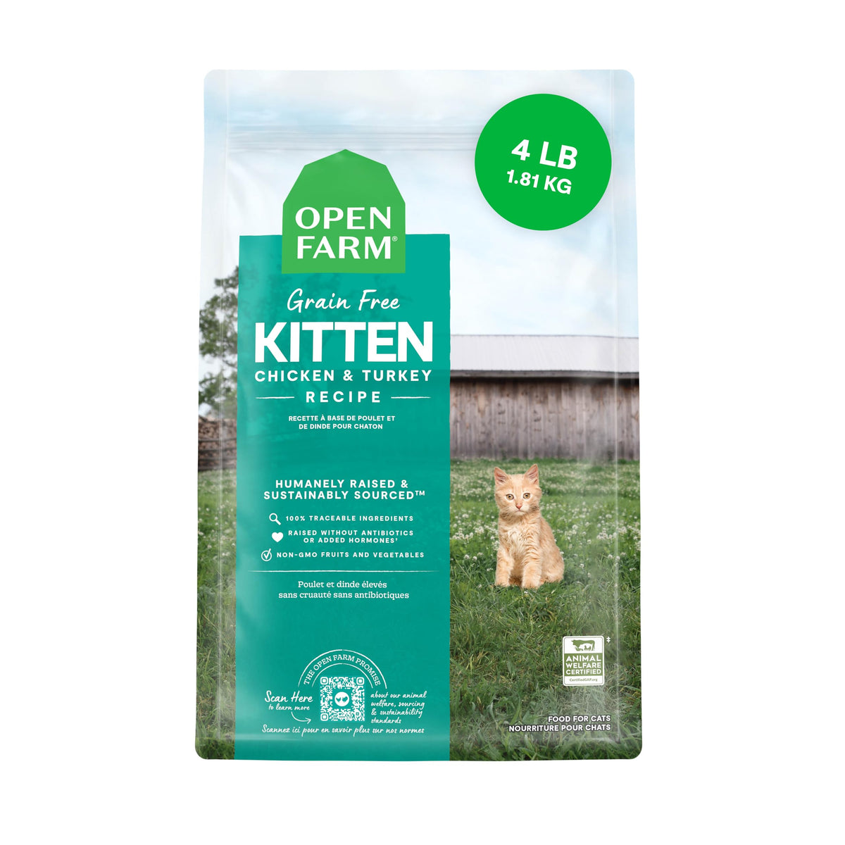 Open Farm grain-free kitten food in a bowl supports kitten digestion and palatability.