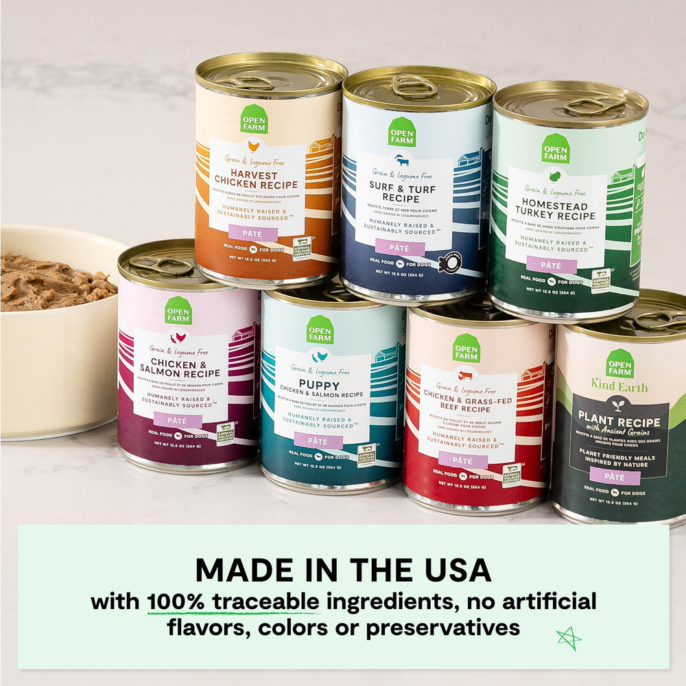 Grain-free and legume-free badge on Open Farm packaging
