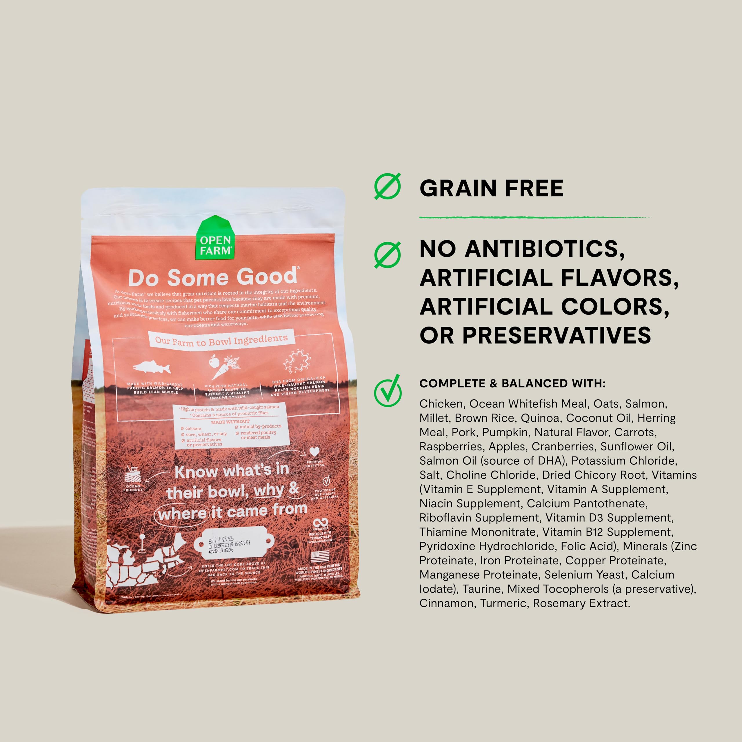 Open Farm grain-free puppy food bag—grain-free nutrition for sensitive tummies.