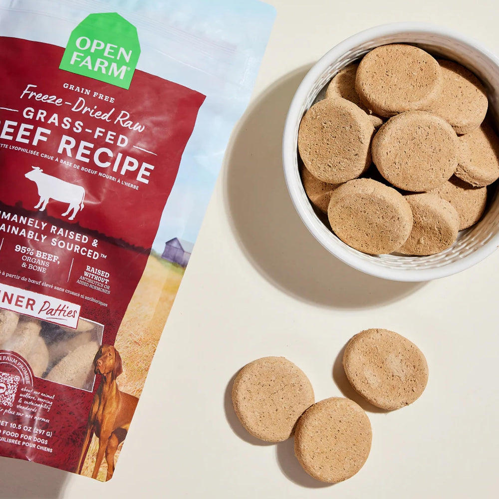 Close-up of Open Farm grass-fed beef patties highlighting quality protein