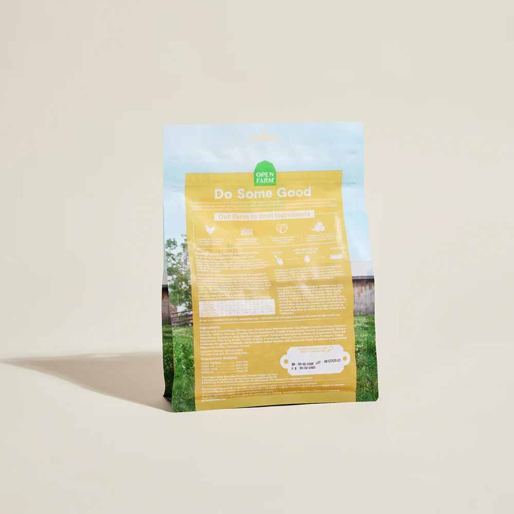 Open Farm Harvest Chicken resealable pouch keeps morsels fresh on the go.