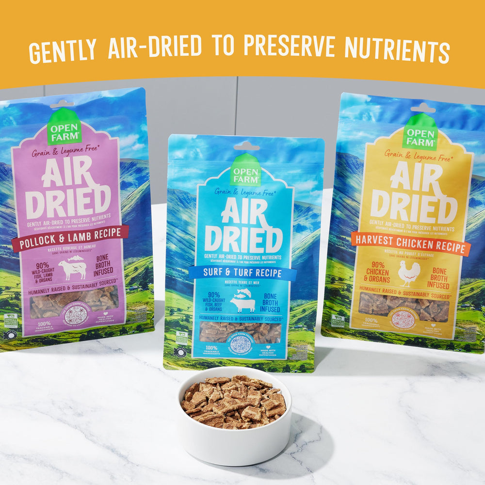Open Farm Harvest Chicken jerky-textured morsels illustrate air-dried structure.