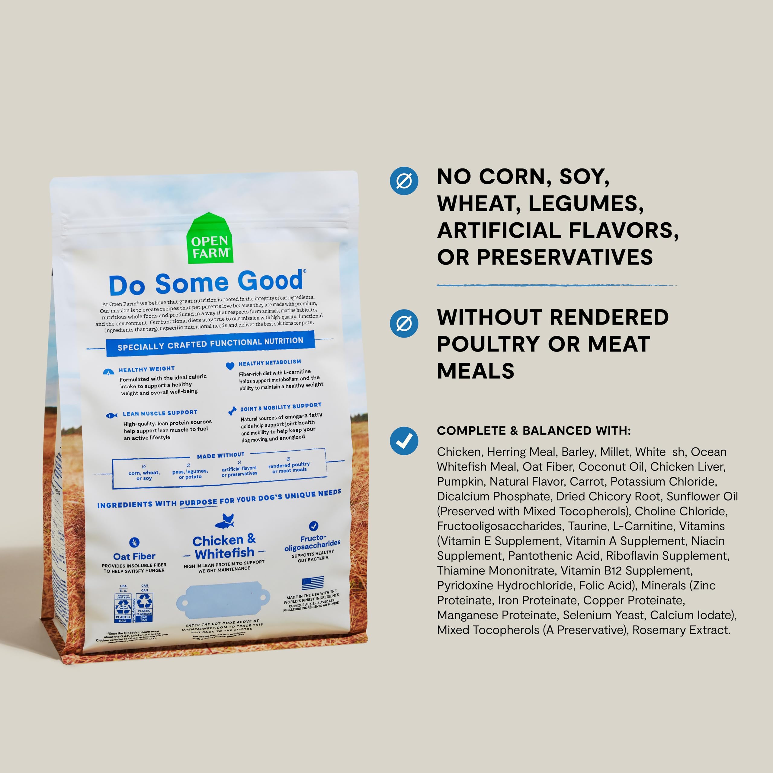 Open Farm Healthy Weight kibble close-up showing quality ingredients for metabolism support.