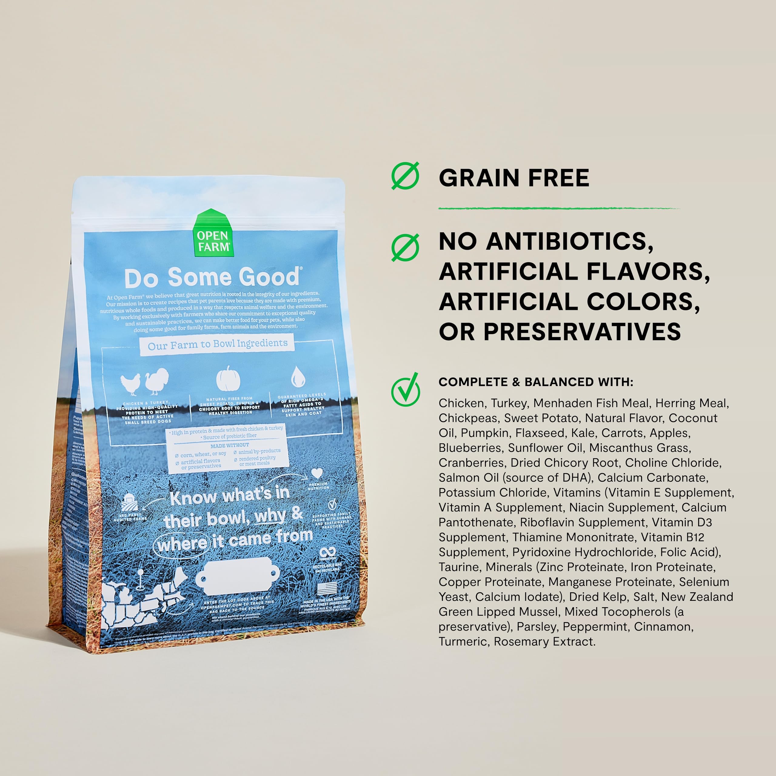 Open Farm high-protein chicken and turkey kibble for small breeds.