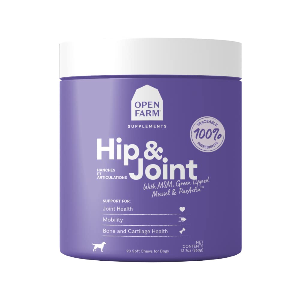 Open Farm Hip & Joint Chews bottle supports dog mobility.