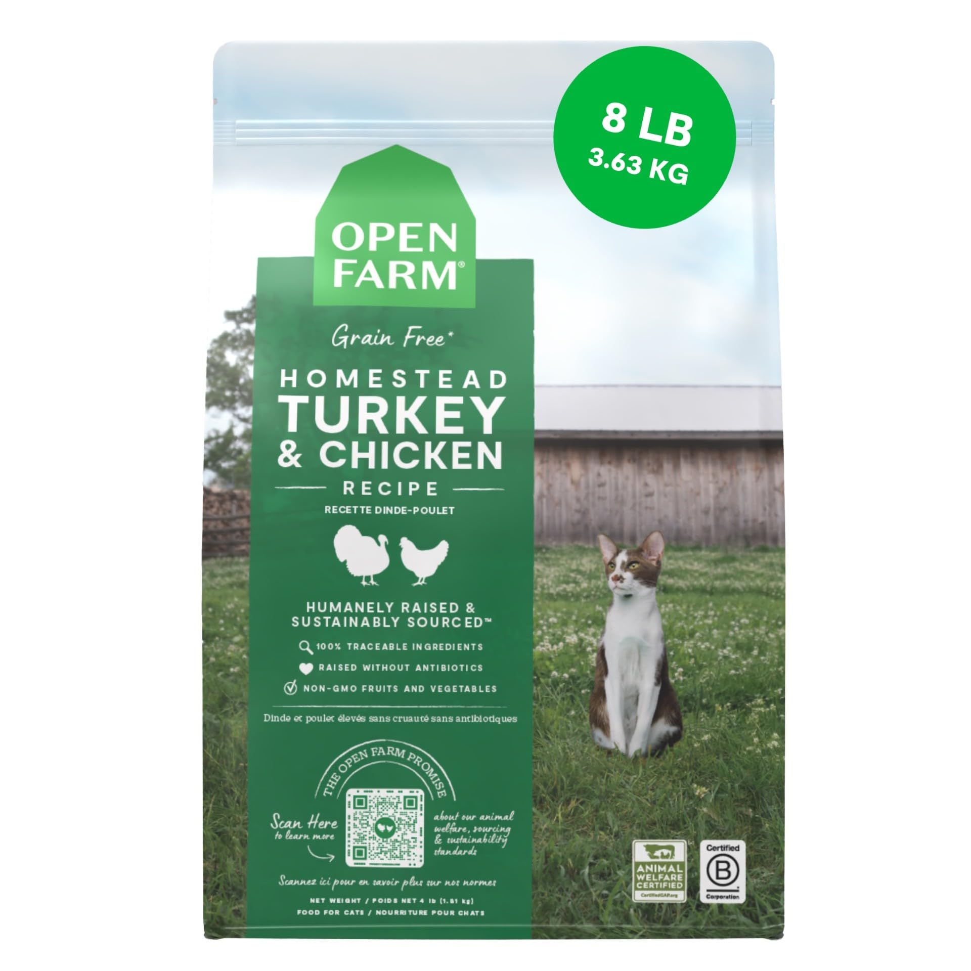 Open Farm Homestead Turkey Chicken Recipe bag promotes grain-free cat nutrition.