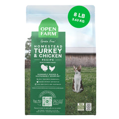 Open Farm Homestead Turkey Chicken Recipe bag promotes grain-free cat nutrition.