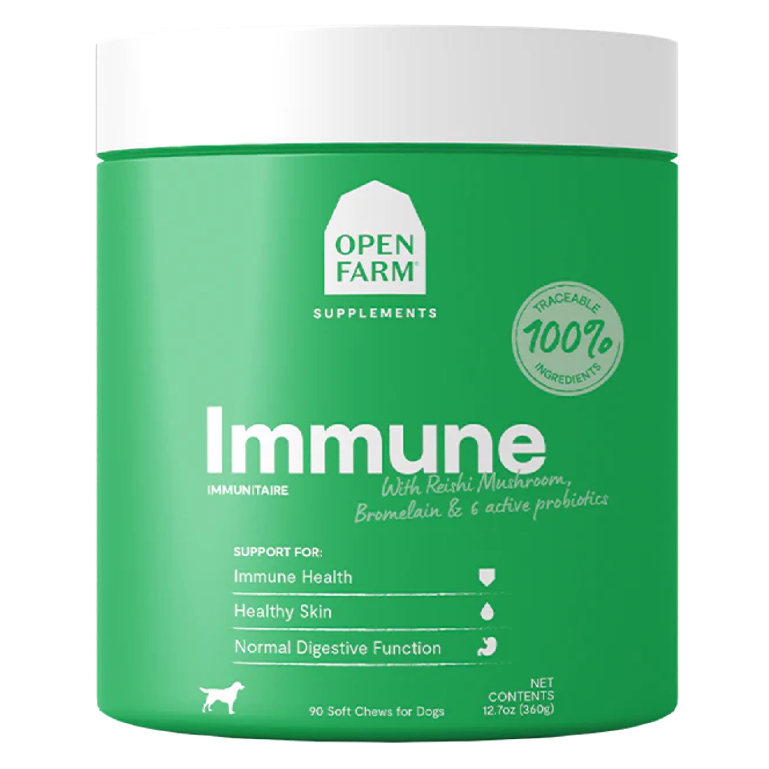 Open Farm Immune Chews bottle label showing plant-based immune support for dogs