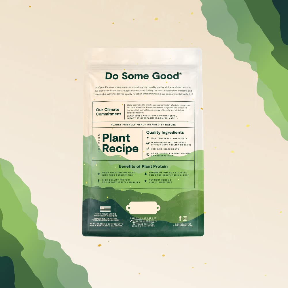 Open Farm Kind Earth plant-based dry dog kibble ingredients displayed for transparency.