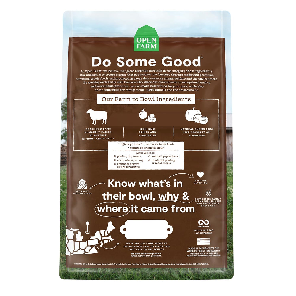 Open Farm lamb kibble close-up highlighting grain-free recipe.