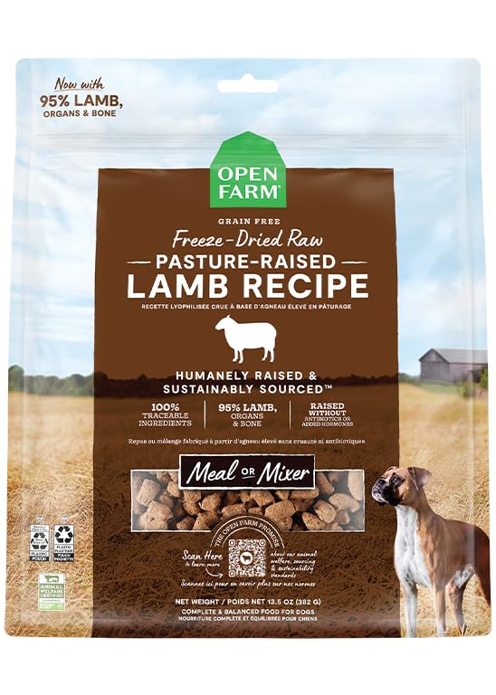 Open Farm lamb morsels in bowl, ready to serve as a complete meal option.