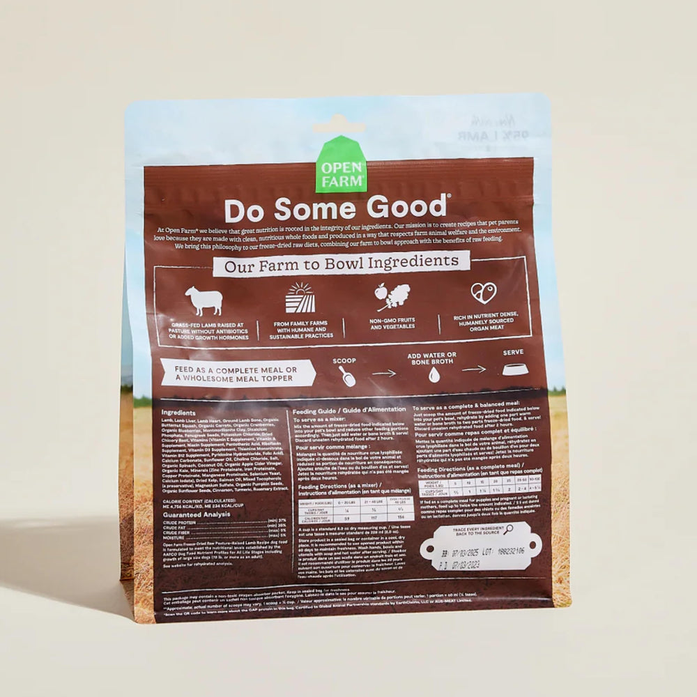 Open Farm lamb morsels top-up, sprinkled over meals for flavor.