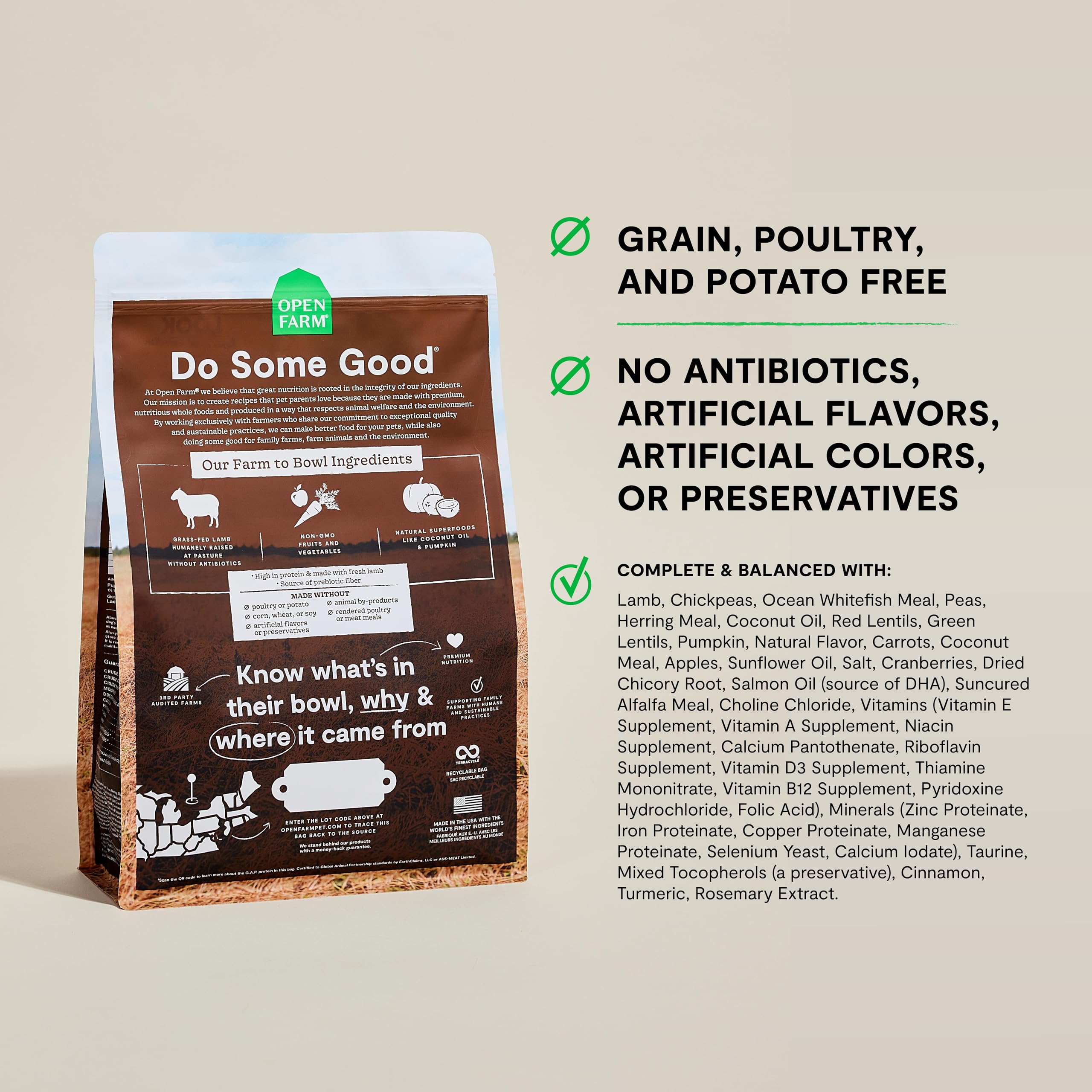 Open Farm Lamb Recipe bag back showing ingredient sourcing and transparency.