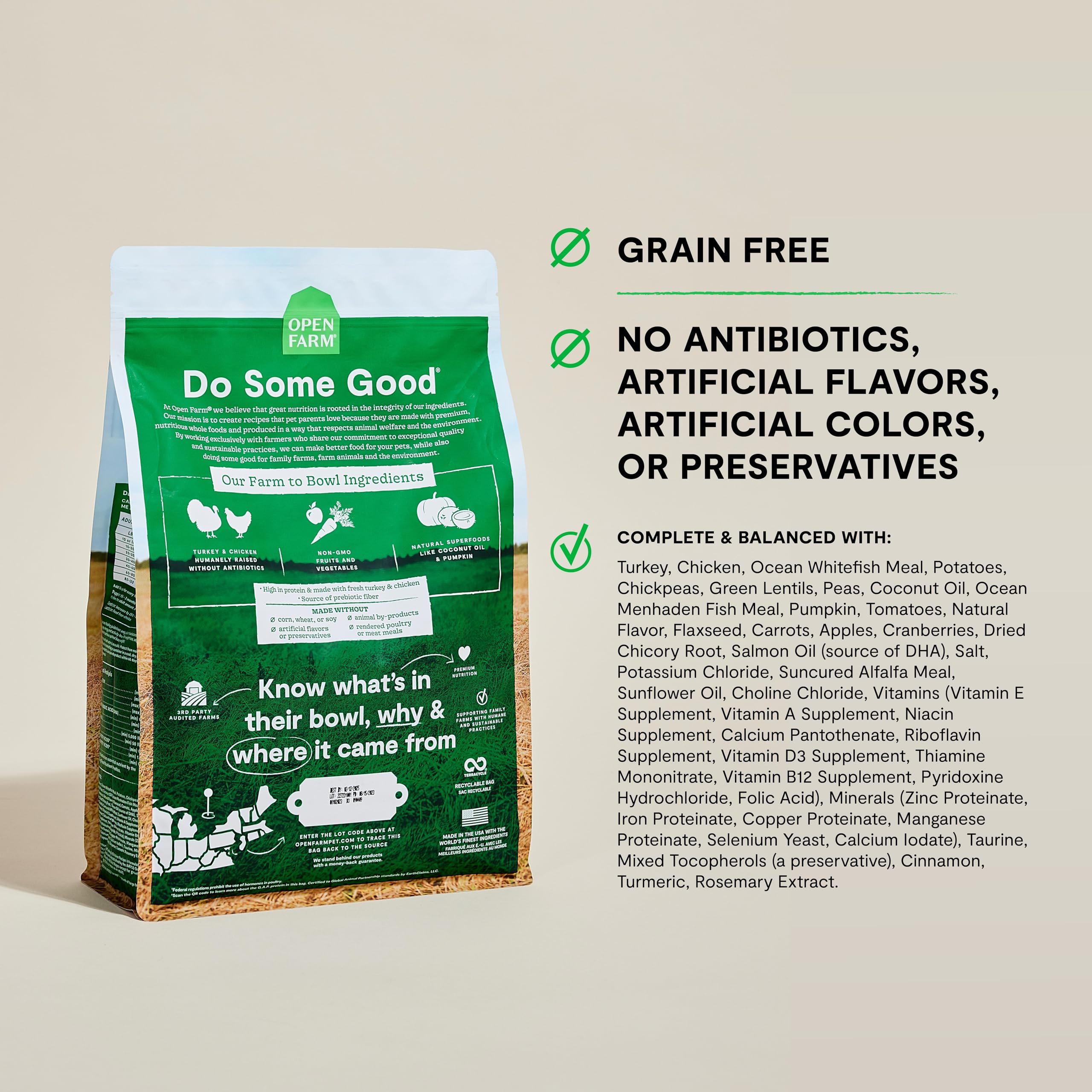 Open Farm non-GMO fruits and vegetables with pumpkin and coconut oil in kibble.