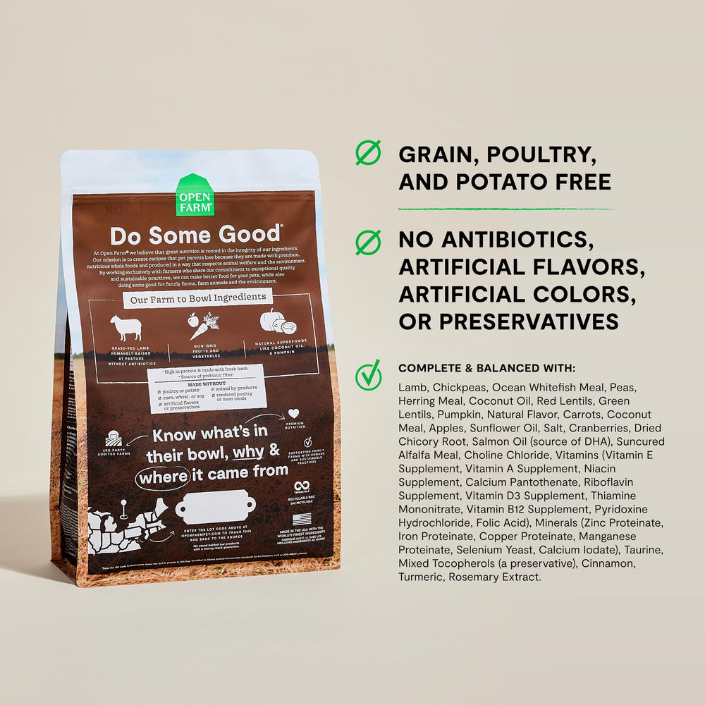 Open Farm pasture-raised lamb recipe bowl highlighting real meat and protein.