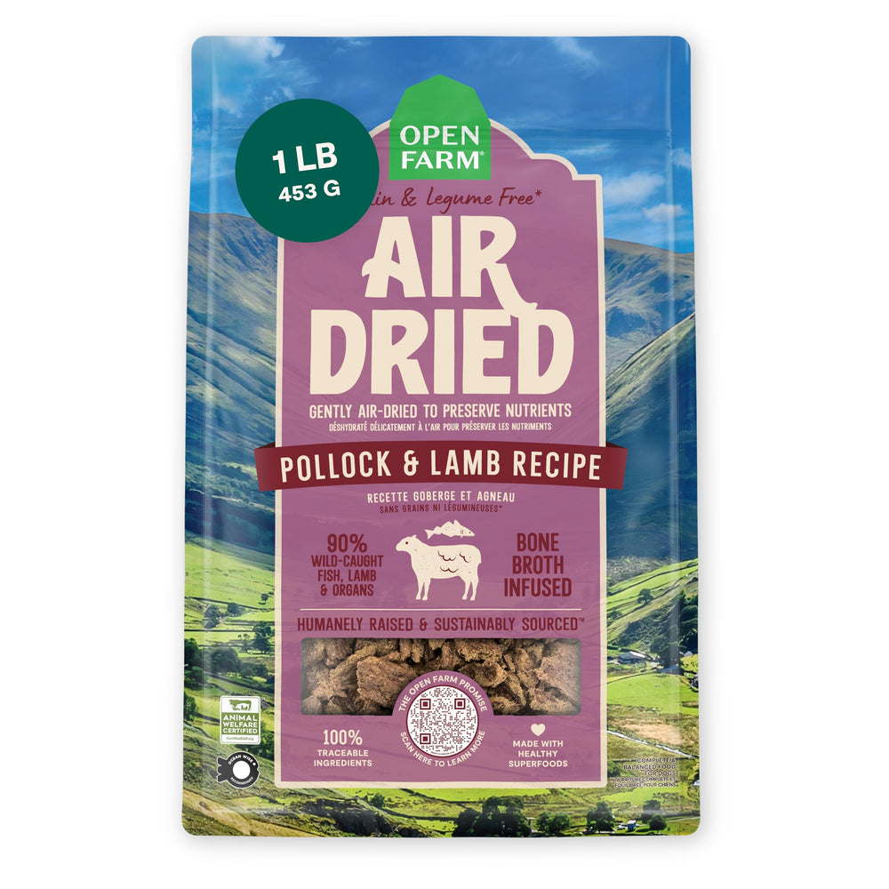 Open Farm pollock-lamb air-dried bites offering balanced nutrition for dogs.