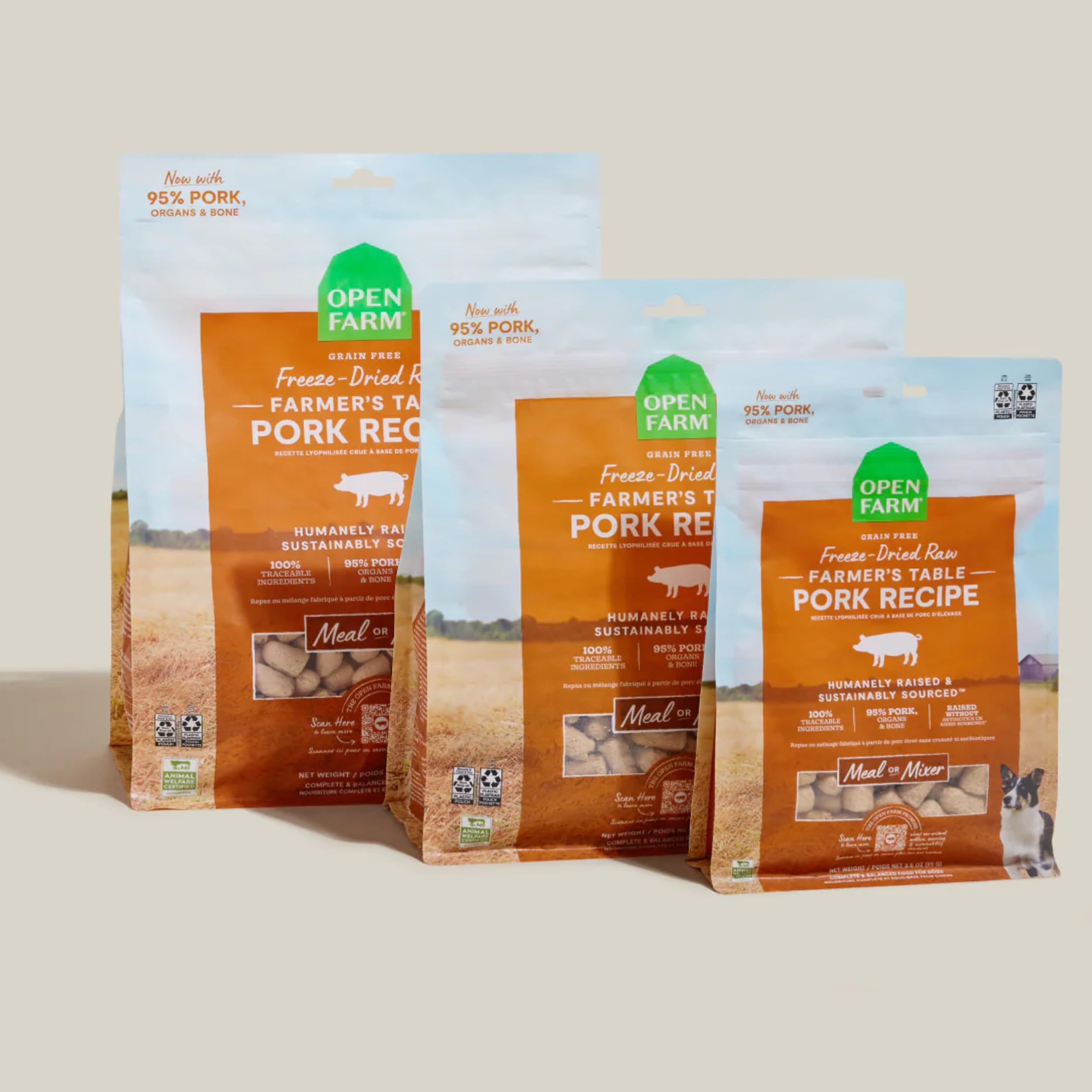 Open Farm pork recipe morsels bag front emphasizes 95% meat in the formula.
