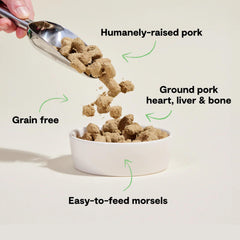 Open Farm pork recipe morsels closeup highlights bite-sized texture for quick servings.