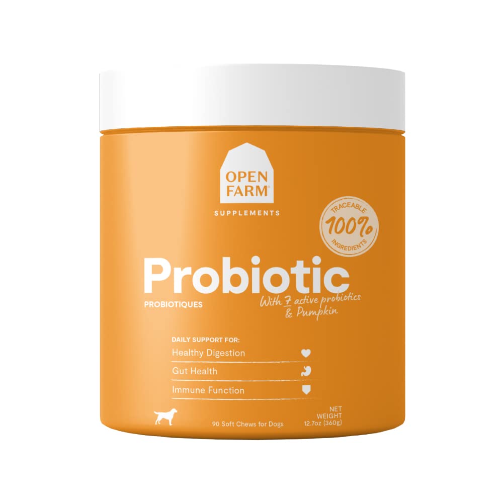 Open Farm Probiotic Chews jar front for dogs, gut-friendly and vet-approved.