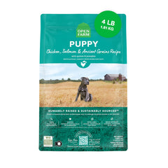 Open Farm puppy ancient grains dry food bag highlights high-protein puppy formula