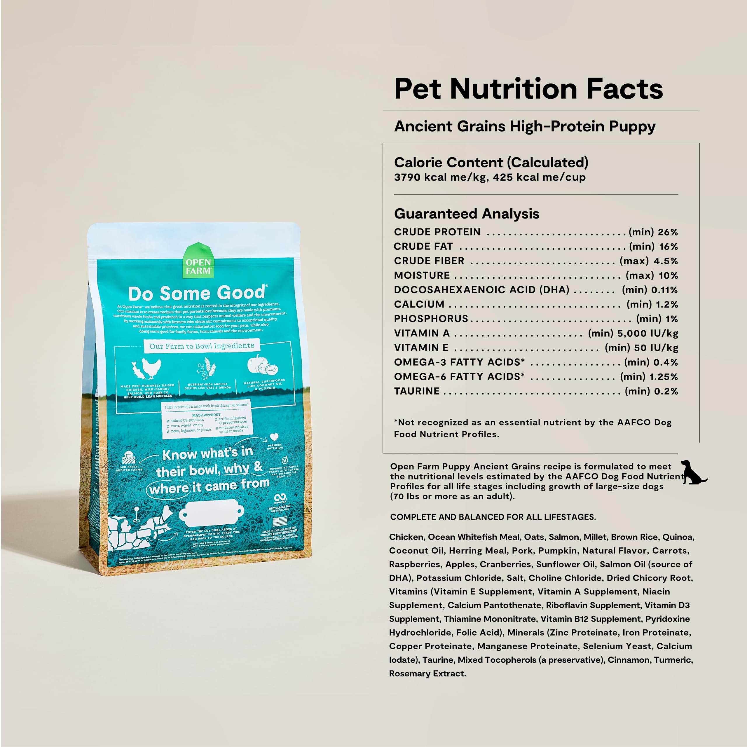 Open Farm puppy chicken-salmon recipe bowl showing protein-rich meal